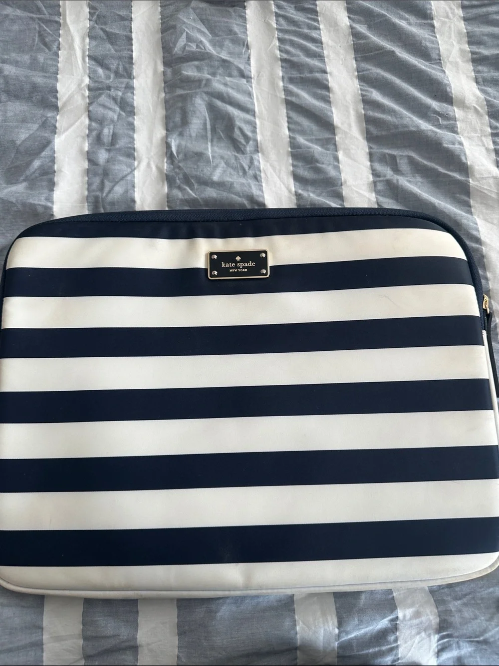 kate spade Navy and White Striped Tech Sleeve with Gold Plaque